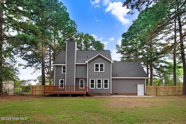 103 Sawgrass Pl, Goldsboro, NC 27534 - rear view of property featuring crawl space, a wooden deck, a fenced backyard, a gate, and a chimney