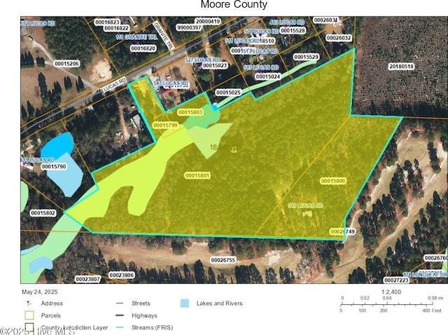 549 Lucas Rd, West End, NC 27376 - aerial view of property's location featuring property boundaries highlighted