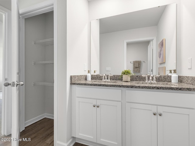 159 Legare St Lot 250, Wilmington, NC 28411 - bathroom with double vanity, wood finished floors, a spacious closet, and baseboards