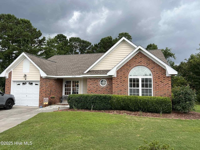 5707 Mossberg Ct, Wilmington, NC 28405 - ranch-style house with brick siding, an attached garage, a front lawn, and concrete driveway