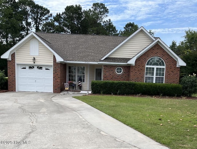5707 Mossberg Ct, Wilmington, NC 28405 - ranch-style home featuring brick siding, roof with shingles, a front yard, and an attached garage