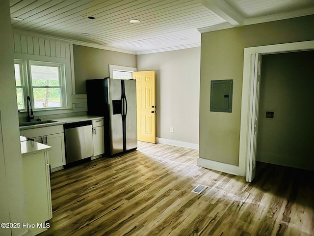 1200 N Center St, Goldsboro, NC 27530 - kitchen featuring stainless steel appliances, electric panel, crown molding, a sink, and wood finished floors