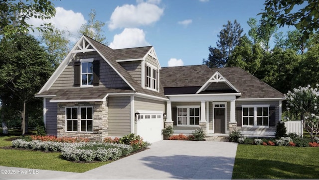 6804 Marston Pt SW Unit 76, Ocean Isle Beach, NC 28469 - craftsman inspired home featuring stone siding, driveway, an attached garage, a front yard, and roof with shingles