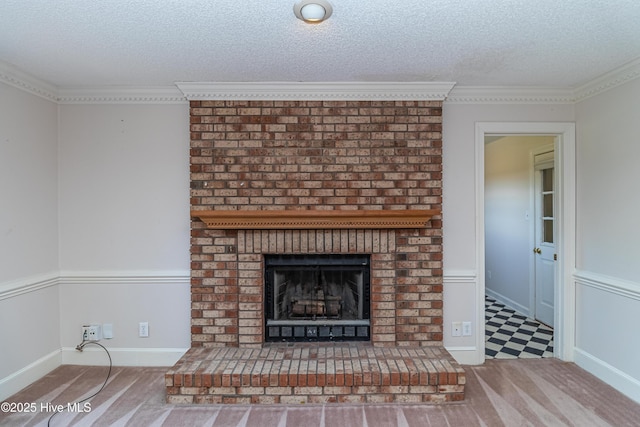 102 Plantation Rd, Goldsboro, NC 27530 - detailed view of carpet floors, a brick fireplace, a textured ceiling, crown molding, and baseboards