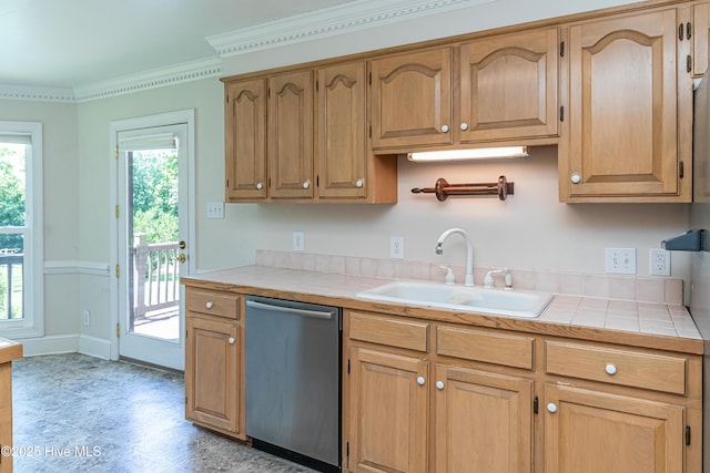 102 Plantation Rd, Goldsboro, NC 27530 - kitchen featuring stainless steel dishwasher, a sink, tile countertops, ornamental molding, and light tile patterned flooring