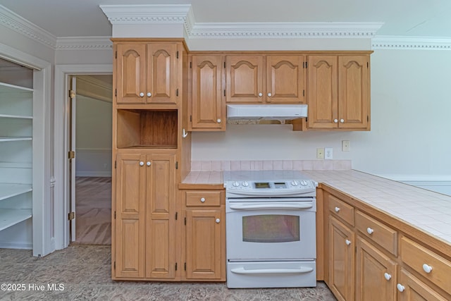 102 Plantation Rd, Goldsboro, NC 27530 - kitchen featuring white electric stove, tile counters, under cabinet range hood, and crown molding