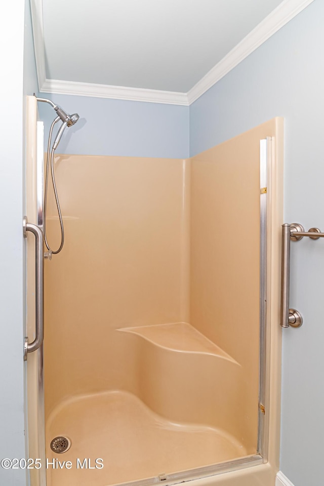 102 Plantation Rd, Goldsboro, NC 27530 - bathroom with a shower stall and ornamental molding