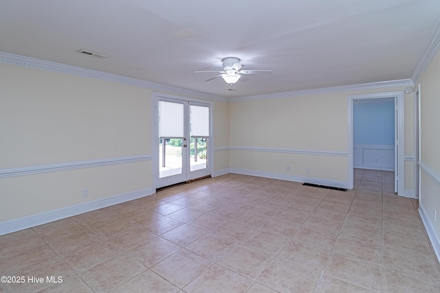 102 Plantation Rd, Goldsboro, NC 27530 - spare room with french doors, crown molding, ceiling fan, and light tile patterned floors