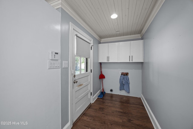 5137 Carr, Grifton, NC 28530 - laundry area featuring ornamental molding, dark wood finished floors, baseboards, cabinet space, and wood ceiling