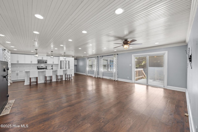 5137 Carr, Grifton, NC 28530 - unfurnished living room featuring recessed lighting, ceiling fan, baseboards, dark wood-type flooring, and wood ceiling