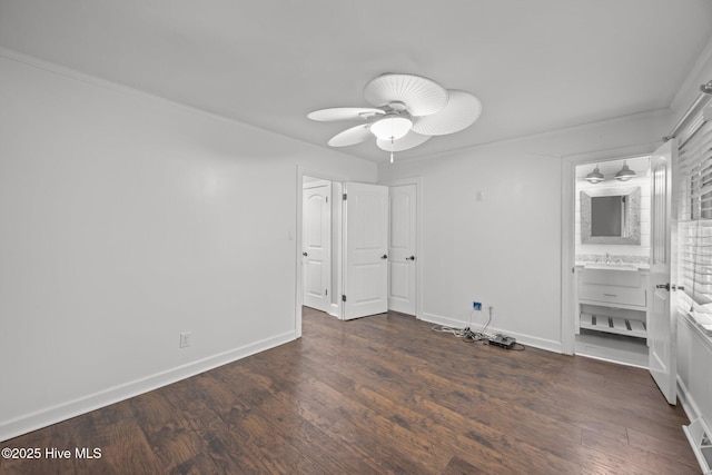 5137 Carr, Grifton, NC 28530 - unfurnished bedroom featuring wood finished floors, crown molding, ensuite bathroom, baseboards, and ceiling fan