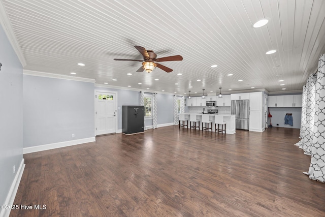 5137 Carr, Grifton, NC 28530 - unfurnished living room featuring recessed lighting, ceiling fan, baseboards, ornamental molding, and wooden ceiling