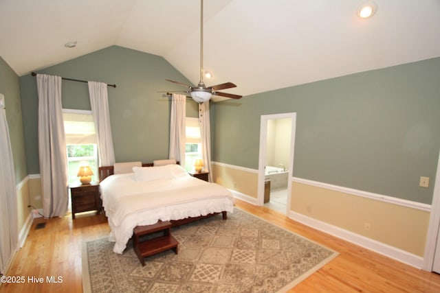 1317 Worthington Ln, Greenville, NC 27858 - bedroom featuring light wood-style floors, vaulted ceiling, ceiling fan, and ensuite bathroom