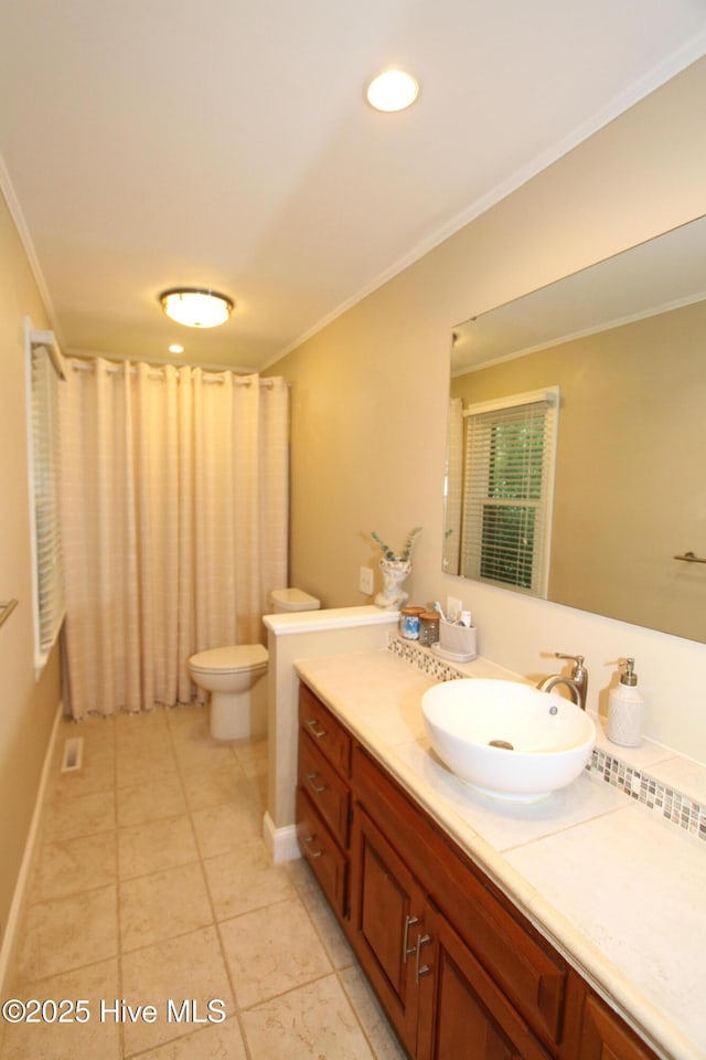 1317 Worthington Ln, Greenville, NC 27858 - full bathroom with vanity, crown molding, a shower with curtain, tile patterned flooring, and recessed lighting