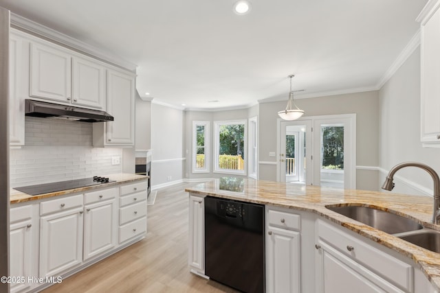 8807 Sawmill Creek Ln, Wilmington, NC 28411 - kitchen with black appliances, a sink, under cabinet range hood, backsplash, and white cabinetry
