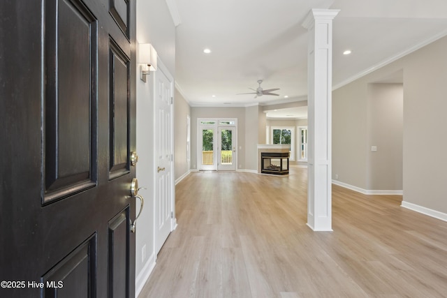 8807 Sawmill Creek Ln, Wilmington, NC 28411 - entrance foyer with crown molding, light wood-style flooring, baseboards, recessed lighting, and ceiling fan