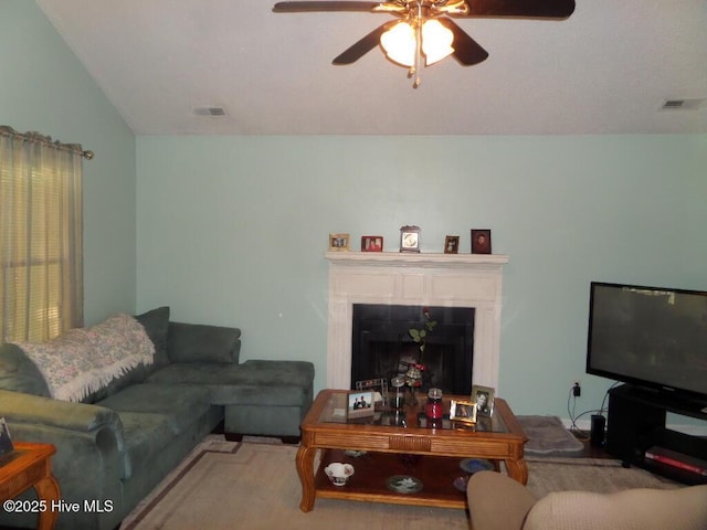 222 Rivershore Dr, New Bern, NC 28560 - living area with lofted ceiling, a ceiling fan, and a fireplace
