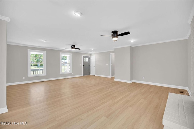 3417 Chalmers Dr, Wilmington, NC 28409 - unfurnished living room with ceiling fan, light wood finished floors, baseboards, and ornamental molding
