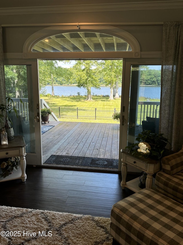 141 N River Rd, Plymouth, NC 27962 - doorway featuring a water view, ornamental molding, hardwood / wood-style floors, and plenty of natural light