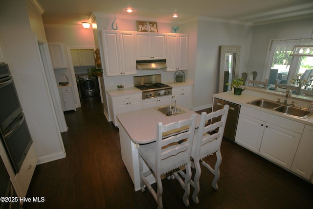 141 N River Rd, Plymouth, NC 27962 - kitchen with under cabinet range hood, appliances with stainless steel finishes, a sink, white cabinets, and ornamental molding