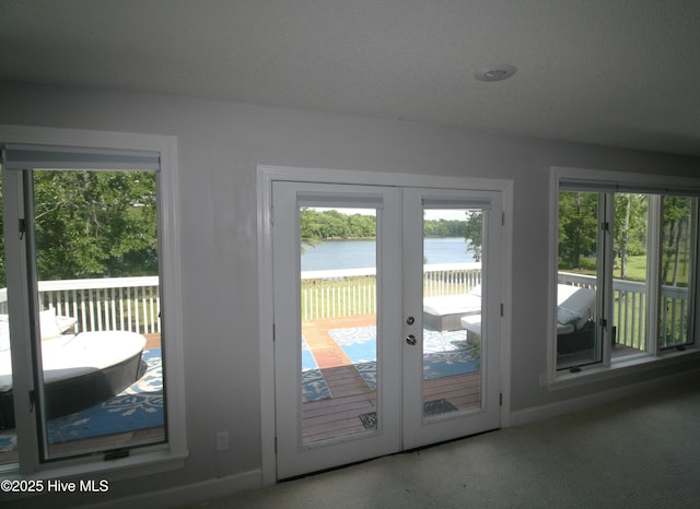141 N River Rd, Plymouth, NC 27962 - entryway featuring healthy amount of natural light, baseboards, a water view, and carpet floors