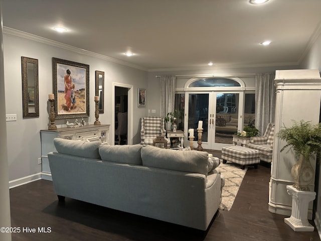 141 N River Rd, Plymouth, NC 27962 - living room featuring crown molding, dark wood-style floors, recessed lighting, baseboards, and french doors