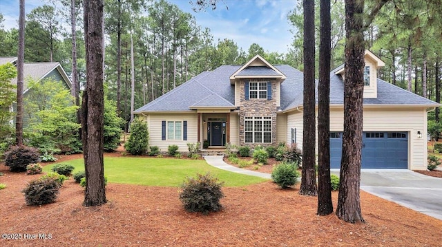 42 Spearhead Dr, Whispering Pines, NC 28327 - view of front facade with a garage, driveway, a front lawn, and roof with shingles