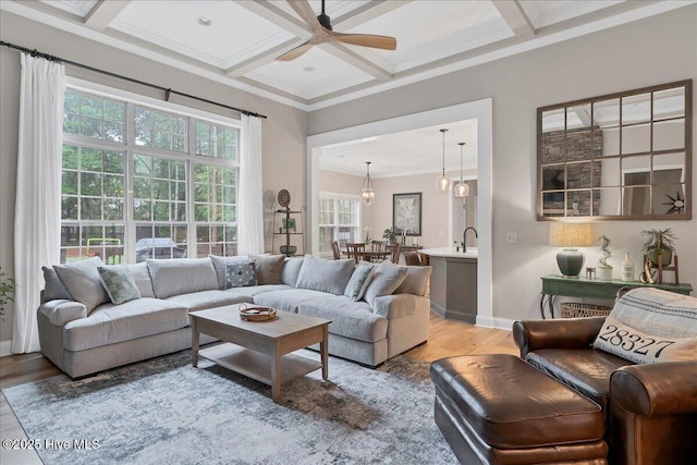 42 Spearhead Dr, Whispering Pines, NC 28327 - living room with wood finished floors, ceiling fan, coffered ceiling, beamed ceiling, and baseboards