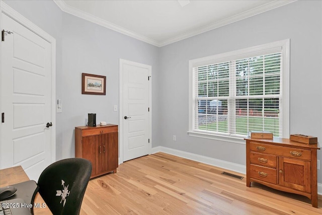 42 Spearhead Dr, Whispering Pines, NC 28327 - office featuring light wood finished floors, crown molding, and baseboards
