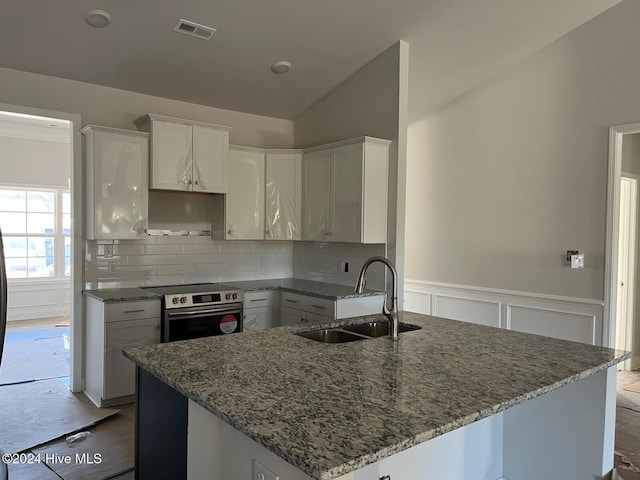 2958 Old Berwick St SW, Shallotte, NC 28470 - kitchen featuring electric stove, a sink, white cabinets, a kitchen island with sink, and backsplash