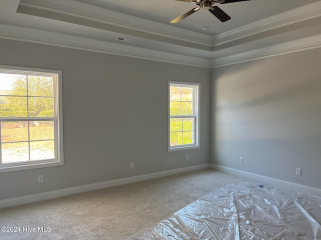 2958 Old Berwick St SW, Shallotte, NC 28470 - spare room featuring a tray ceiling, a ceiling fan, light colored carpet, crown molding, and baseboards