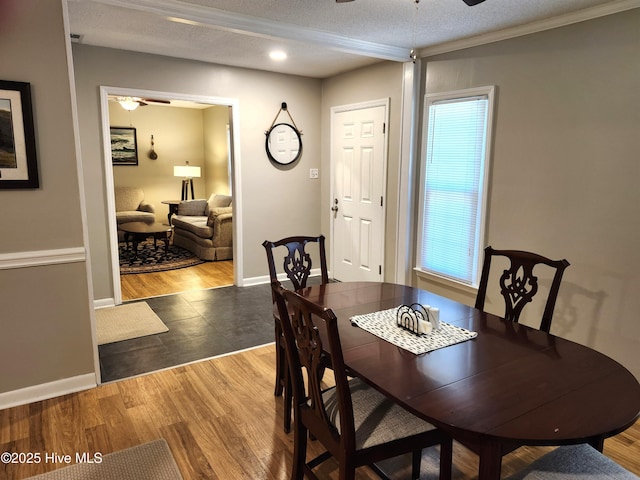1108 Plymouth Dr, New Bern, NC 28562 - dining room with a ceiling fan, a textured ceiling, wood finished floors, baseboards, and recessed lighting