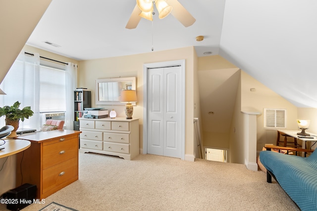 770 Creekway Cir SE, Bolivia, NC 28422 - bedroom featuring light carpet, a closet, a ceiling fan, and lofted ceiling
