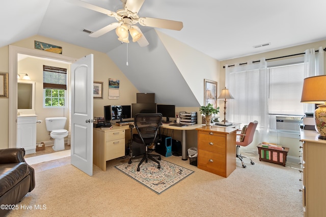 770 Creekway Cir SE, Bolivia, NC 28422 - home office featuring vaulted ceiling, ceiling fan, cooling unit, and carpet