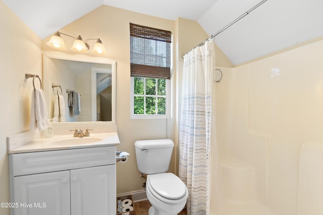 770 Creekway Cir SE, Bolivia, NC 28422 - full bath featuring vaulted ceiling, vanity, toilet, a shower with curtain, and baseboards