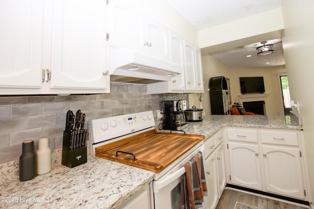 940 Linden Rd Unit 19, Pinehurst, NC 28374 - kitchen featuring white range with electric stovetop, under cabinet range hood, and white cabinets