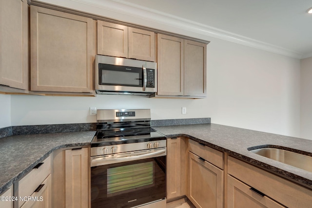 2133 Kali Ln Unit A, Greenville, NC 27834 - kitchen with stainless steel appliances, ornamental molding, dark stone countertops, and recessed lighting