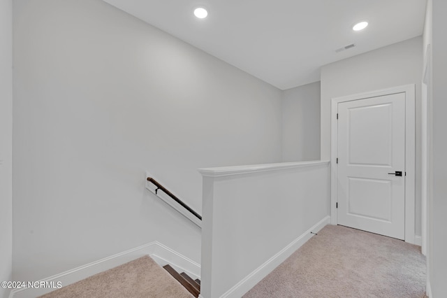 2133 Kali Ln Unit B, Greenville, NC 27834 - hall with an upstairs landing, carpet flooring, baseboards, and recessed lighting