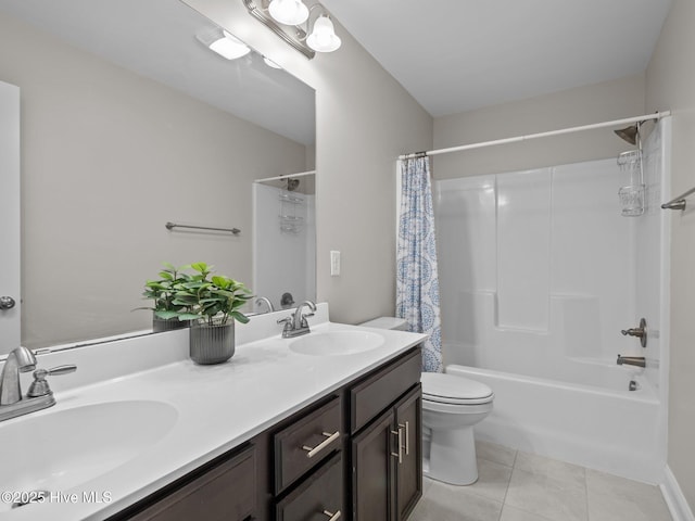 608 Creek Ct, Swansboro, NC 28584 - full bathroom featuring toilet, shower / bathtub combination with curtain, double vanity, and tile patterned flooring
