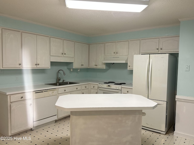 108 Red Oak Dr, Goldsboro, NC 27530 - kitchen with white appliances, under cabinet range hood, a sink, light flooring, and crown molding