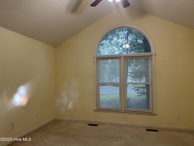 108 Red Oak Dr, Goldsboro, NC 27530 - empty room featuring ceiling fan, vaulted ceiling, carpet, baseboards, and a textured ceiling