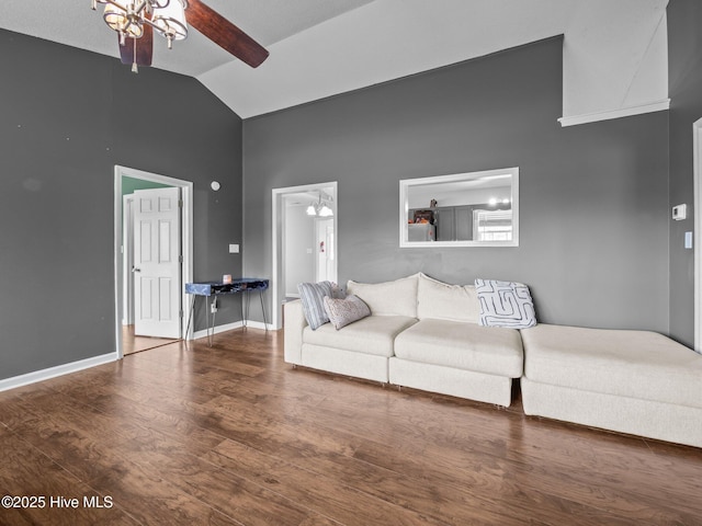 329 Buckhead Rd, Hubert, NC 28539 - living area featuring high vaulted ceiling, a ceiling fan, wood finished floors, and baseboards
