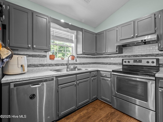 329 Buckhead Rd, Hubert, NC 28539 - kitchen featuring stainless steel appliances, under cabinet range hood, gray cabinetry, lofted ceiling, and a sink