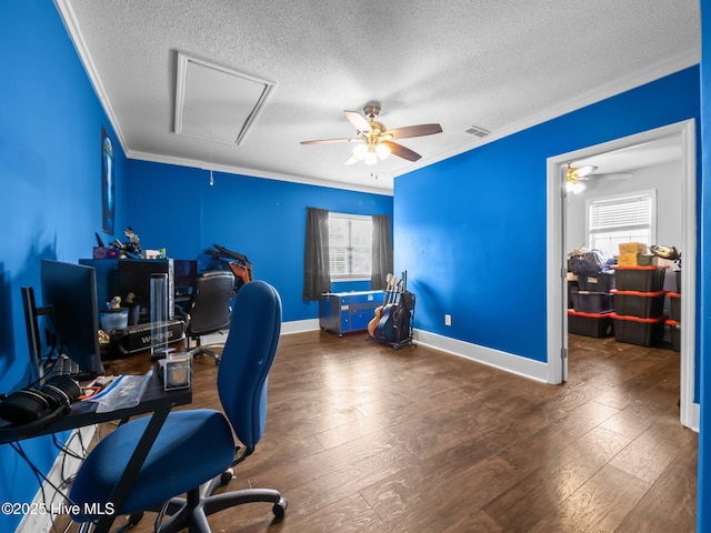 329 Buckhead Rd, Hubert, NC 28539 - home office featuring attic access, ornamental molding, plenty of natural light, a textured ceiling, and wood-type flooring