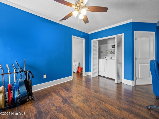 329 Buckhead Rd, Hubert, NC 28539 - unfurnished office with washer and dryer, a ceiling fan, crown molding, a textured ceiling, and wood finished floors
