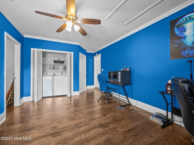 329 Buckhead Rd, Hubert, NC 28539 - home office featuring washer and clothes dryer, crown molding, ceiling fan, a textured ceiling, and wood finished floors