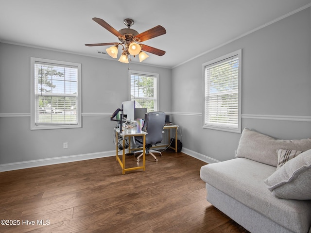 329 Buckhead Rd, Hubert, NC 28539 - office area with ornamental molding, baseboards, wood finished floors, and a ceiling fan