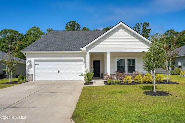 6437 Twinspur Ct SW, Ocean Isle Beach, NC 28469 - view of front facade featuring a garage, driveway, a front lawn, covered porch, and a shingled roof