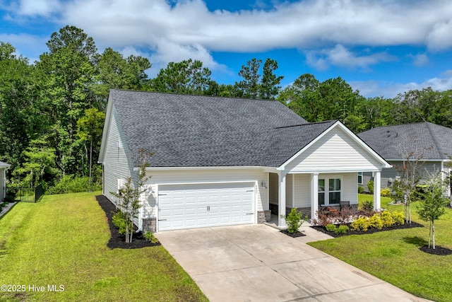 6437 Twinspur Ct SW, Ocean Isle Beach, NC 28469 - view of front of house with driveway, a garage, a front yard, and a shingled roof
