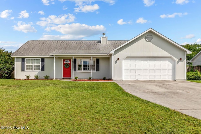 425 Dion Dr, Hubert, NC 28539 - ranch-style house with driveway, an attached garage, a front yard, and roof with shingles